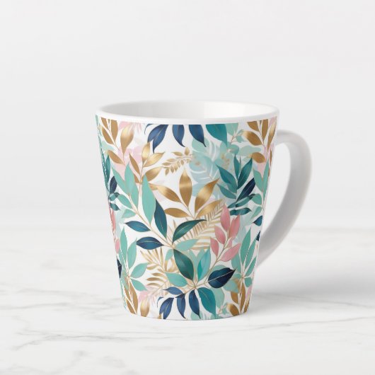 Elegant Leaves Pattern Aqua Pink Faux Gold  Latte Mok (Rechterhoek)