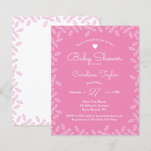 Elegant Leaves Pink Floral Baby shower Invitation (Voorkant / Achterkant)