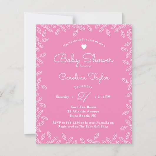 Elegant Leaves Pink Floral Baby shower Invitation (Voorkant)