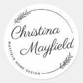 Elegant Leaves Round Personal Name Business Ronde Sticker (Voorkant)