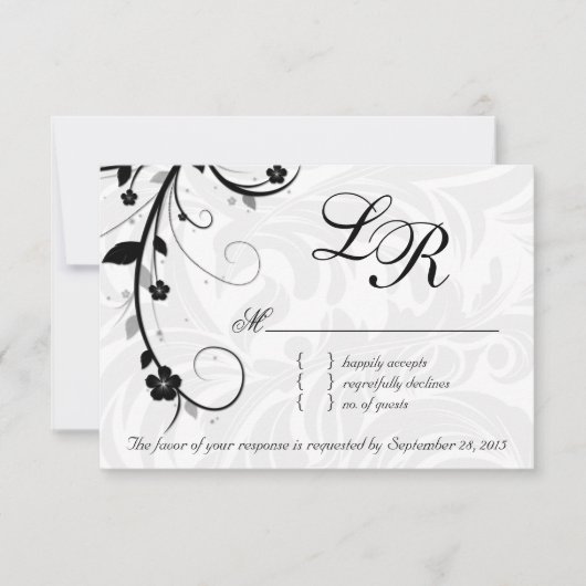 Elegant Leaves RSVP Wedding Reply Card Black White (Voorkant)