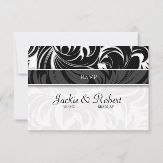 Elegant Leaves RSVP Wedding Reply Card Black White (Achterkant)