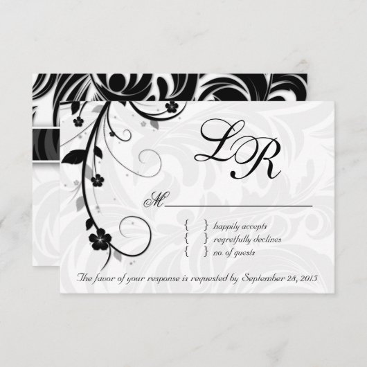 Elegant Leaves RSVP Wedding Reply Card Black White (Voorkant / Achterkant)