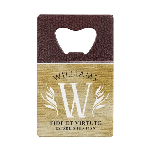 Elegant leder- en  papier — Surname Motto Creditkaart Flessenopener (Voorkant)