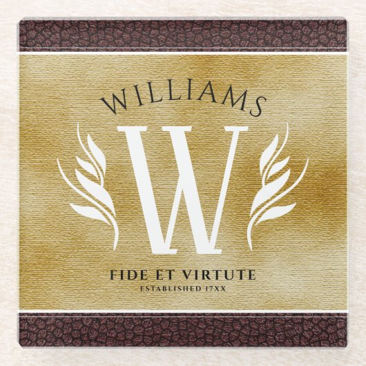 Elegant leder- en papier — Surname Motto Glazen Onderzetter (Voorkant)