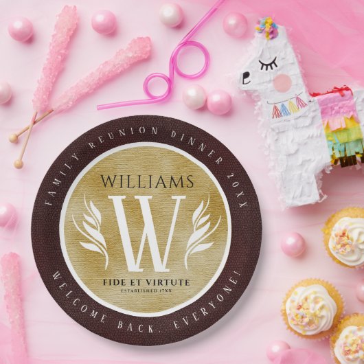 Elegant leder- en papier — Surname Motto Papieren Bordje (Feest)