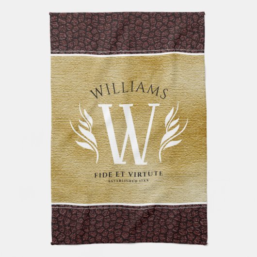 Elegant leder- en papier — Surname Motto Theedoek (Verticaal)