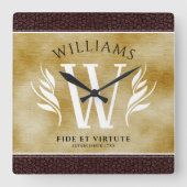 Elegant leder- en  papier — Surname Motto Vierkante Klok (Voorkant)