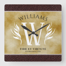 Elegant leder- en  papier — Surname Motto Vierkante Klok