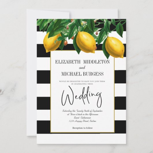 Elegant Lemon Black White Botanical Wedding Kaart (Voorkant)