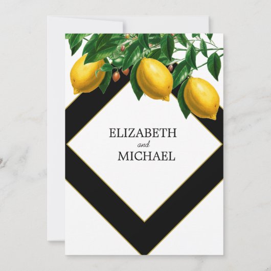 Elegant Lemon Black White Botanical Wedding Kaart (Achterkant)
