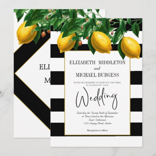 Elegant Lemon Black White Botanical Wedding Kaart (Voorkant / Achterkant)