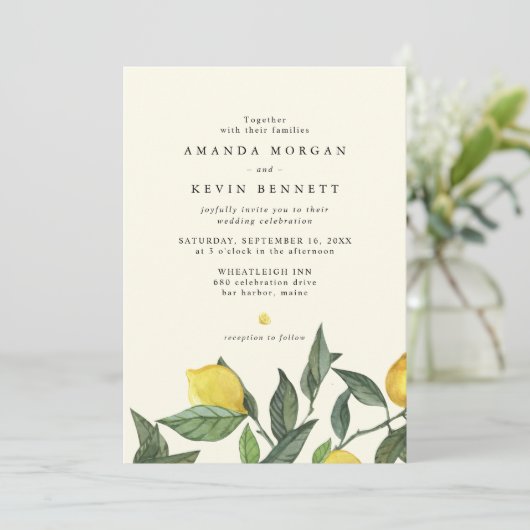 Elegant Lemon Citrus Greenery Wedding Kaart (Staand voorkant)
