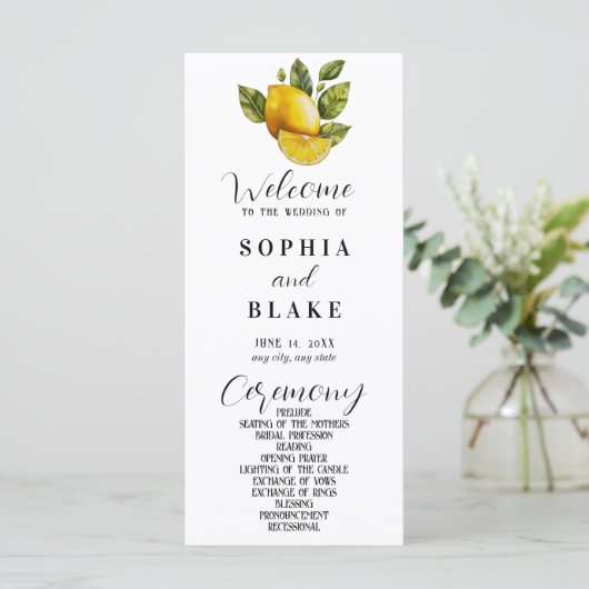 Elegant Lemon en Greenery White Wedding Programme (Staand voorkant)