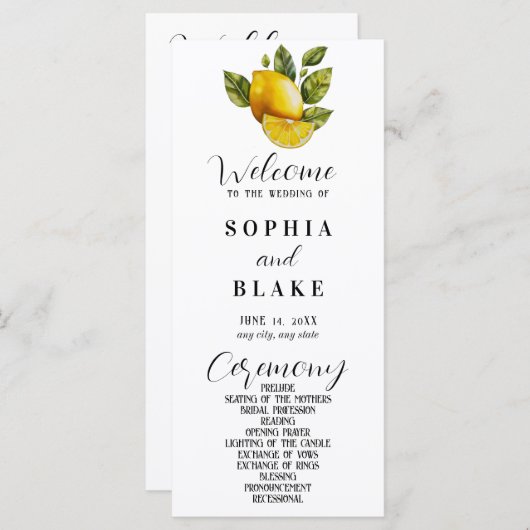 Elegant Lemon en Greenery White Wedding Programme (Voorkant / Achterkant)