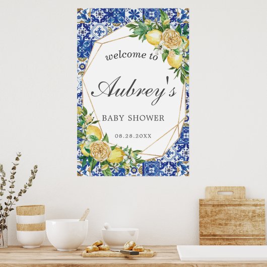 Elegant Lemon Floral Geometric Baby shower Welkom Poster (Keuken)