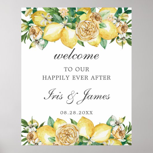 Elegant Lemon Floral Greenery Wedding Welkom Poster (Voorkant)