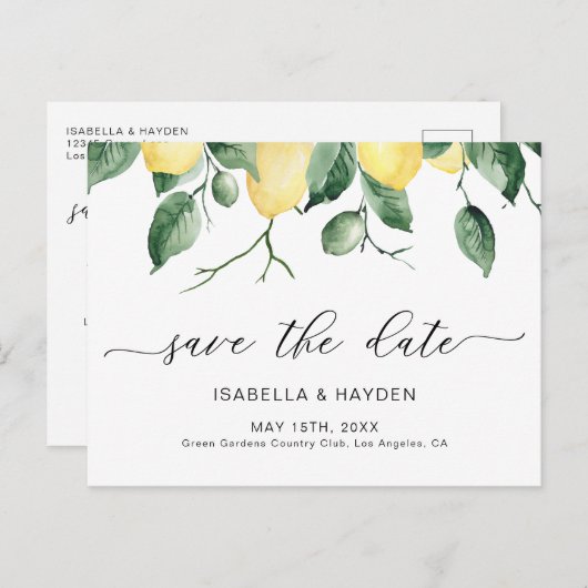 Elegant Lemon Fruit Waterverf Boho Save Date Aankondigingskaart (Voorkant / Achterkant)