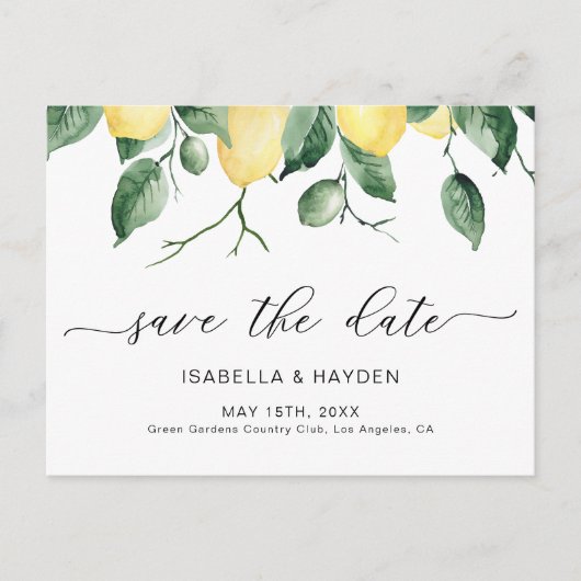 Elegant Lemon Fruit Waterverf Boho Save Date Aankondigingskaart (Voorkant)