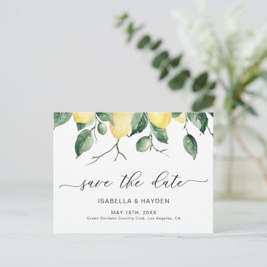 Elegant Lemon Fruit Waterverf Boho Save Date Aankondigingskaart (Staand voorkant)