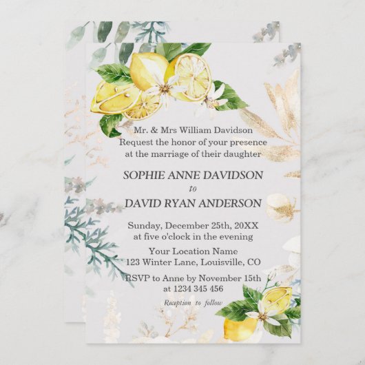 Elegant Lemon veegt het witte Floral bruiloft Kaart (Voorkant / Achterkant)