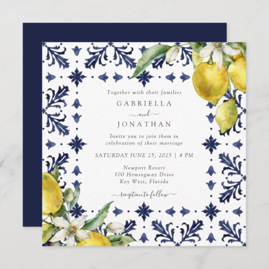 Elegant Lemon Waterverf Blue Tegel Wedding Kaart (Voorkant / Achterkant)