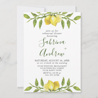Elegant Lemon Waterverf Greenery REHEARSAL DINNER Kaart