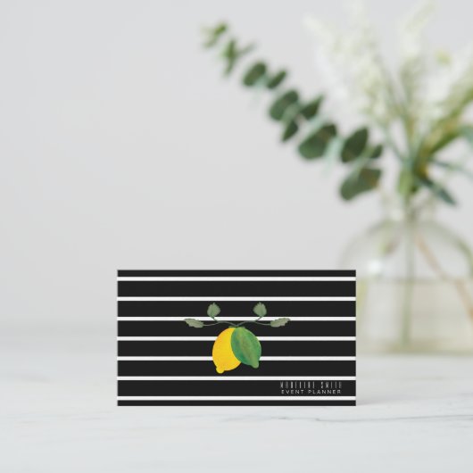 Elegant Lemon Waterverf Stripes Black Visitekaartje (Staand voorkant)