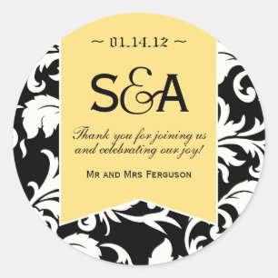 Elegant Lemon Yellow Damask Favor Stickers