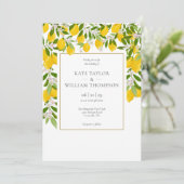 Elegant Lemons Blossom Greenery Foto Wedding Invi Kaart (Staand voorkant)