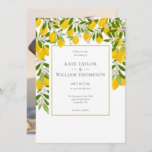 Elegant Lemons Blossom Greenery Foto Wedding Invi Kaart (Voorkant / Achterkant)