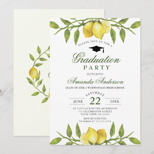 Elegant Lemons Greenery Chic Graduation Party Kaart (Voorkant / Achterkant)