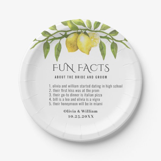 Elegant Lemons Greenery Fun Facts Wedding Papieren Bordje (Voorkant)