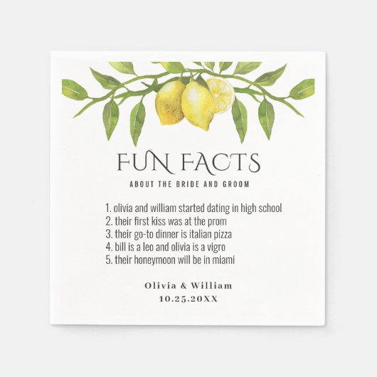 Elegant Lemons Greenery Fun Facts Wedding Servet (Voorkant)