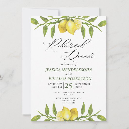 Elegant Lemons Greenery Modern Rehearsal Dinner Kaart (Voorkant)