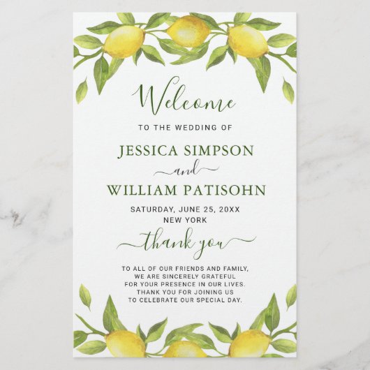 Elegant Lemons Greenery Wedding Ceremony Program (Voorkant)