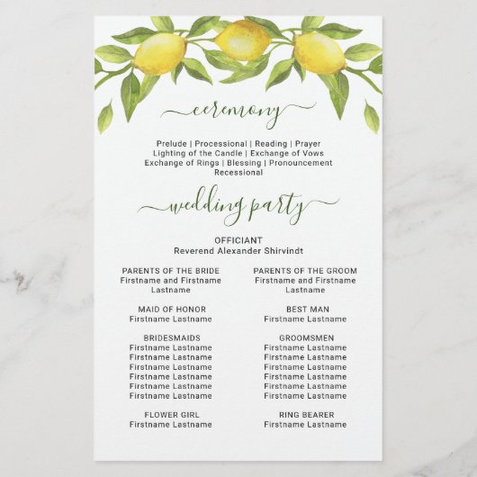 Elegant Lemons Greenery Wedding Ceremony Program (Achterkant)