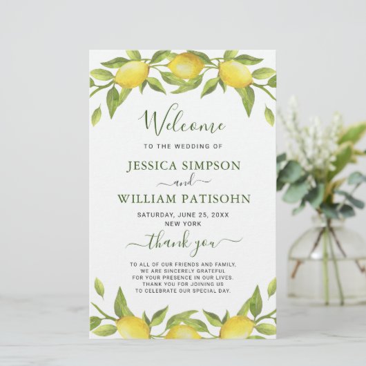 Elegant Lemons Greenery Wedding Ceremony Program (Staand voorkant)