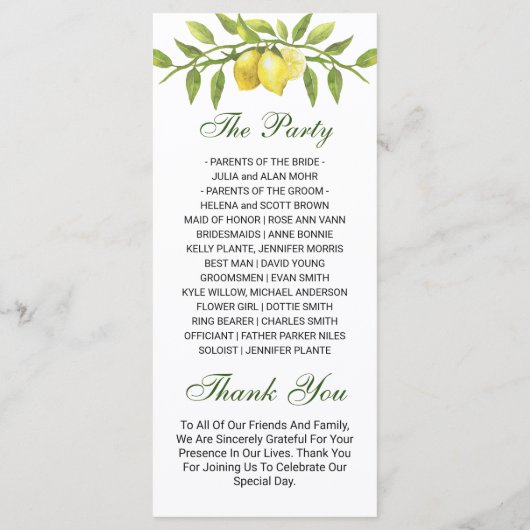 Elegant Lemons Greenery Wedding Ceremony Program Programmakaart (Achterkant)