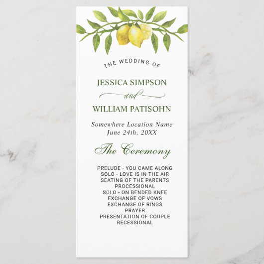 Elegant Lemons Greenery Wedding Ceremony Program Programmakaart (Voorkant)