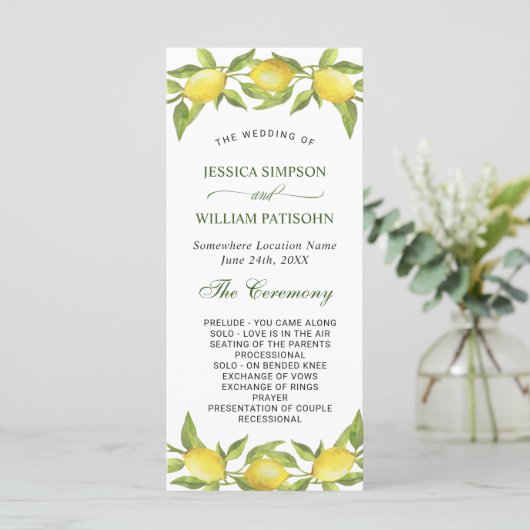 Elegant Lemons Greenery Wedding Ceremony Programmakaart (Staand voorkant)