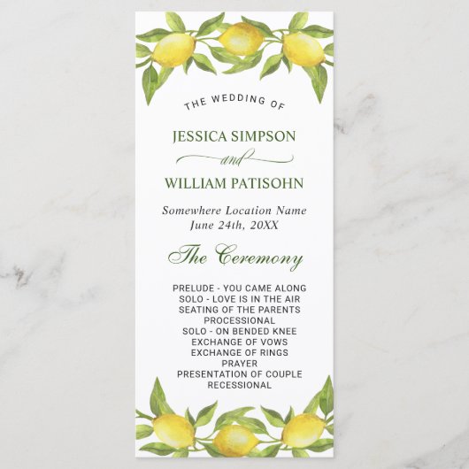 Elegant Lemons Greenery Wedding Ceremony Programmakaart (Voorkant)