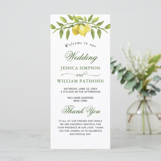 Elegant Lemons Greenery Wedding Ceremony Programmakaart (Staand voorkant)