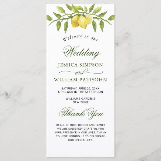 Elegant Lemons Greenery Wedding Ceremony Programmakaart (Voorkant)