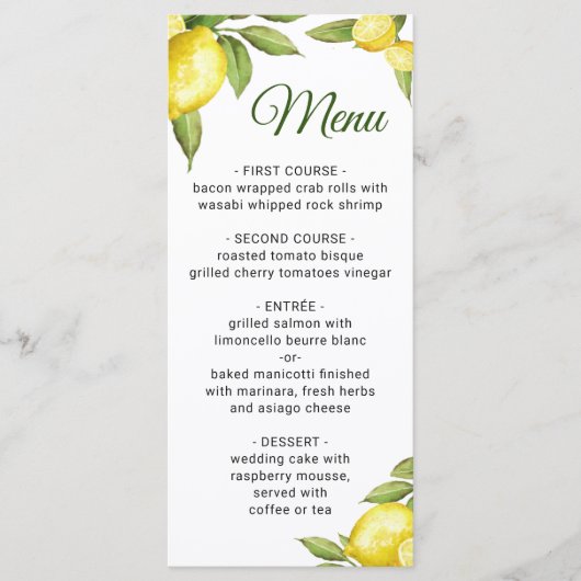 Elegant Lemons Greenery Wedding Dinner Menu (Voorkant)