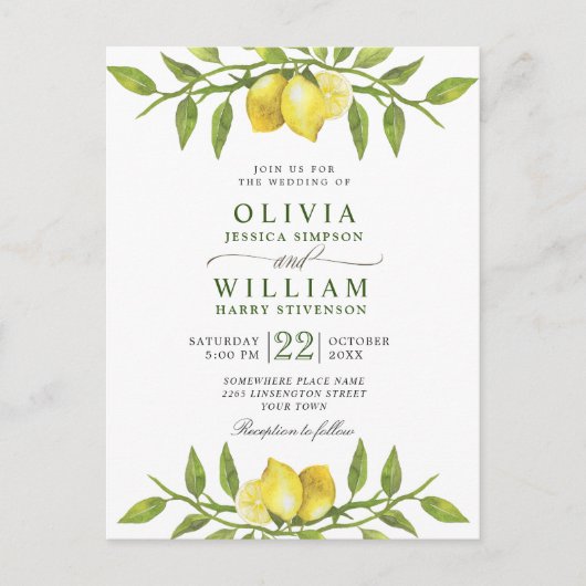 Elegant Lemons Greenery Wedding Invitation Briefkaart (Voorkant)