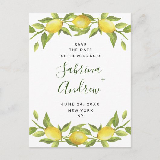 Elegant Lemons Greenery Wedding Save the Date Briefkaart (Voorkant)