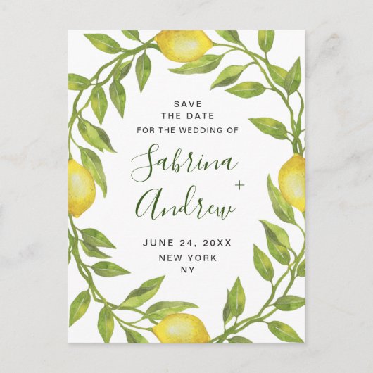 Elegant Lemons Greenery Wedding Save the Date Briefkaart (Voorkant)