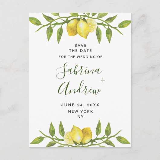 Elegant Lemons Greenery Wedding Save the Date Briefkaart (Voorkant)