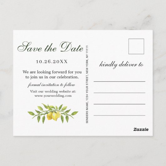 Elegant Lemons Greenery Wedding Save the Date Briefkaart (Achterkant)